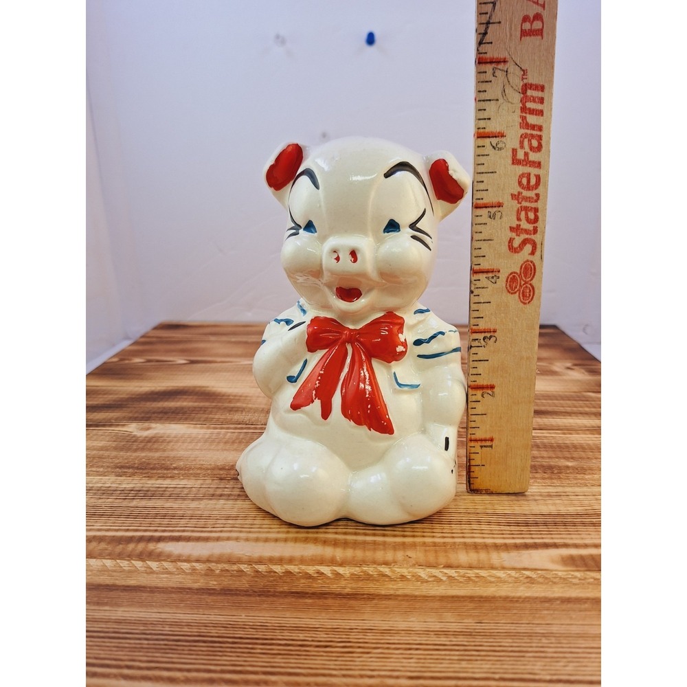 Vintage‎ American Bisque Pottery Ceramic PORCELAIN Pig Piggy Bank RED Bow tie - Picture 8 of 10